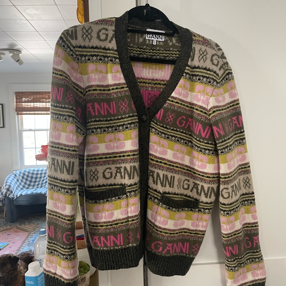 Ganni Pink and Green Patterned Wool Cardigan